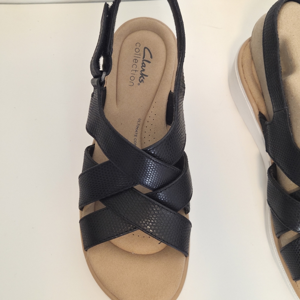 Clark’s Women’s  Jillian Black Leather Criss Cross Strappy Wedge Sandals - Picture 8 of 16